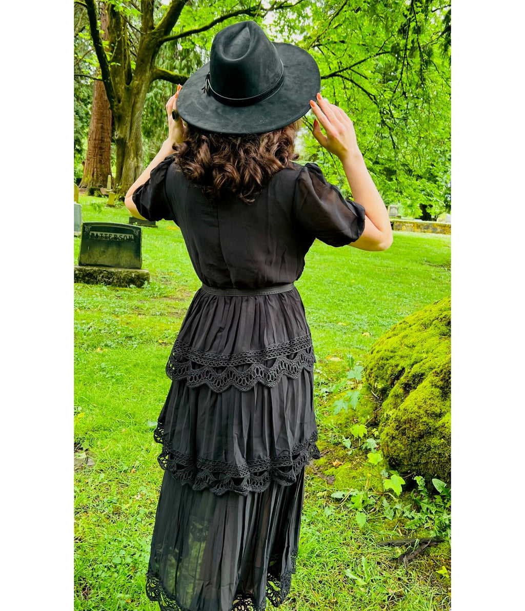 Witchwood Bags Black Annabel Romantic Cottage Goth Tiered Dress - Unique Vintage - Womens, DRESSES, FIT AND FLARE