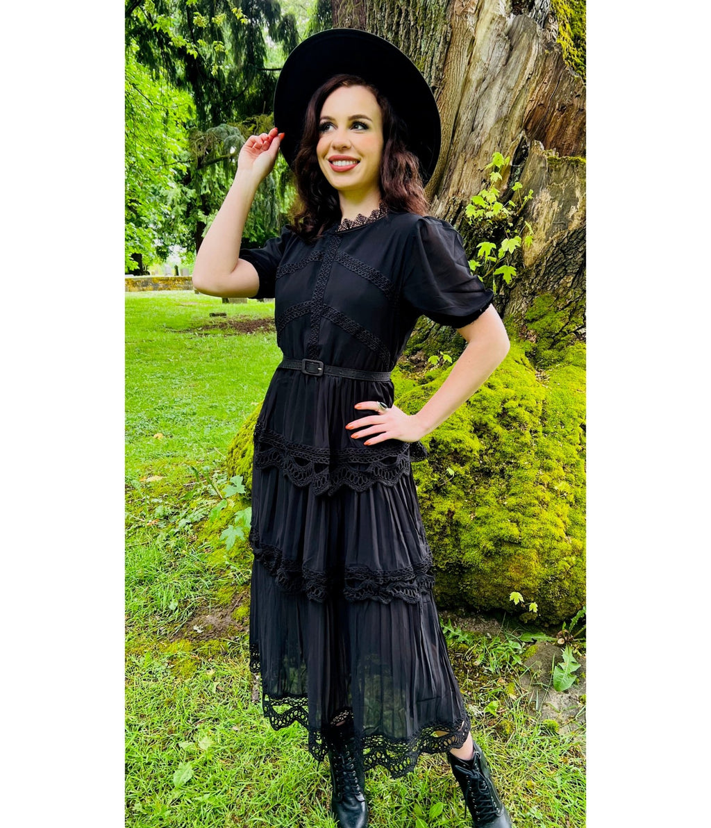 Witchwood Bags Black Annabel Romantic Cottage Goth Tiered Dress - Unique Vintage - Womens, DRESSES, FIT AND FLARE