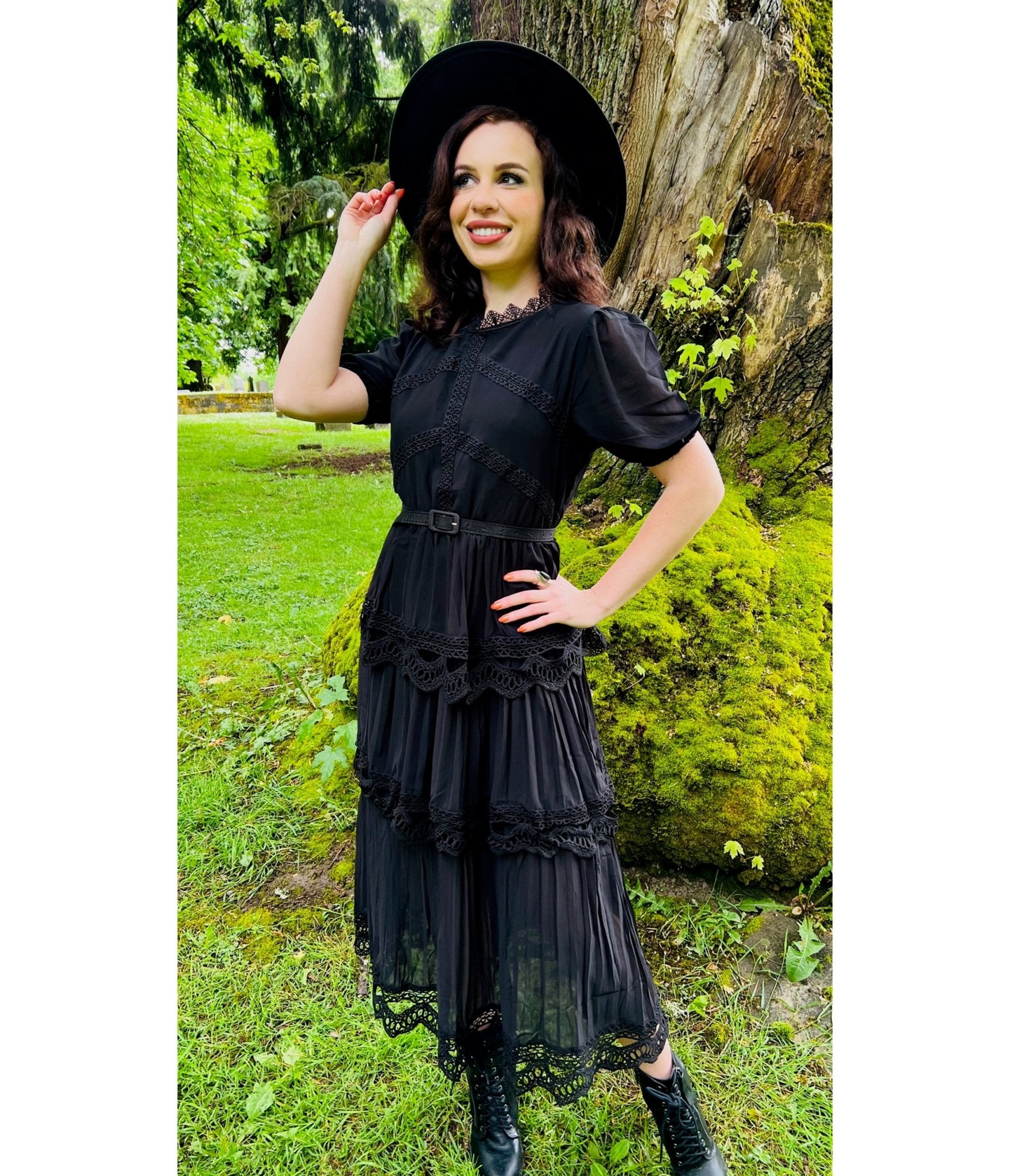 Witchwood Bags Black Annabel Romantic Cottage Goth Tiered Dress - Unique Vintage - Womens, DRESSES, FIT AND FLARE
