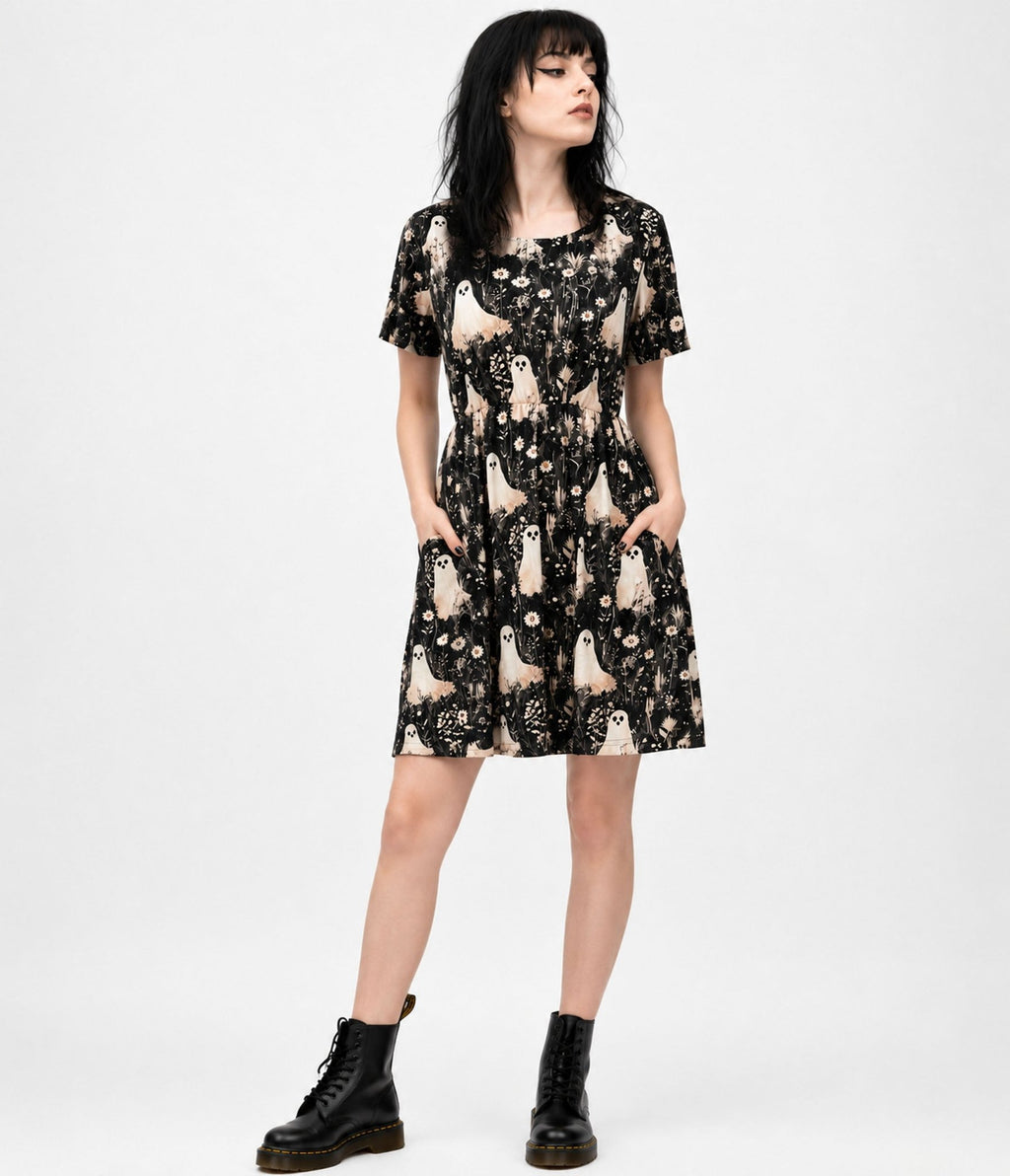 Witchwood Bags Black Ghost Print Dress - Unique Vintage -