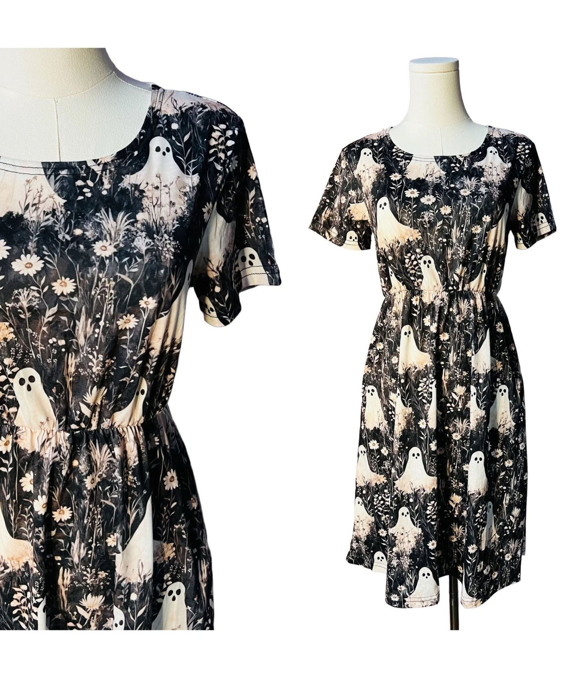 Witchwood Bags Black Ghost Print Dress - Unique Vintage -