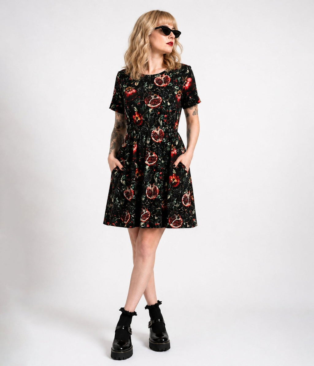 Witchwood Bags Black Pomegranates Dress - Unique Vintage - Fit & Flare Dresses