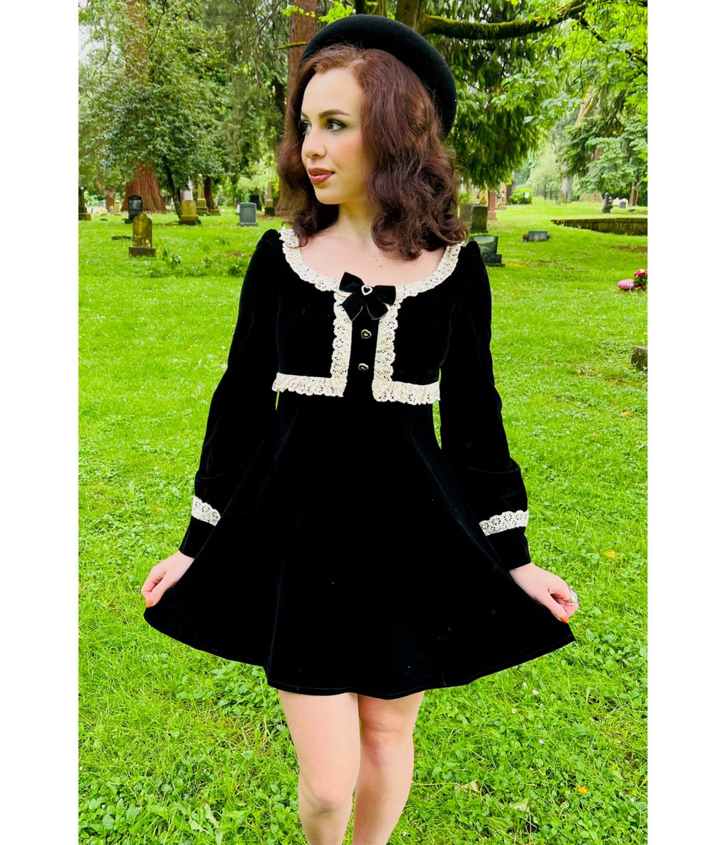 Witchwood Bags Black Sabrina Luscious Velvet Mini Dress - Unique Vintage - Womens, DRESSES, FIT AND FLARE