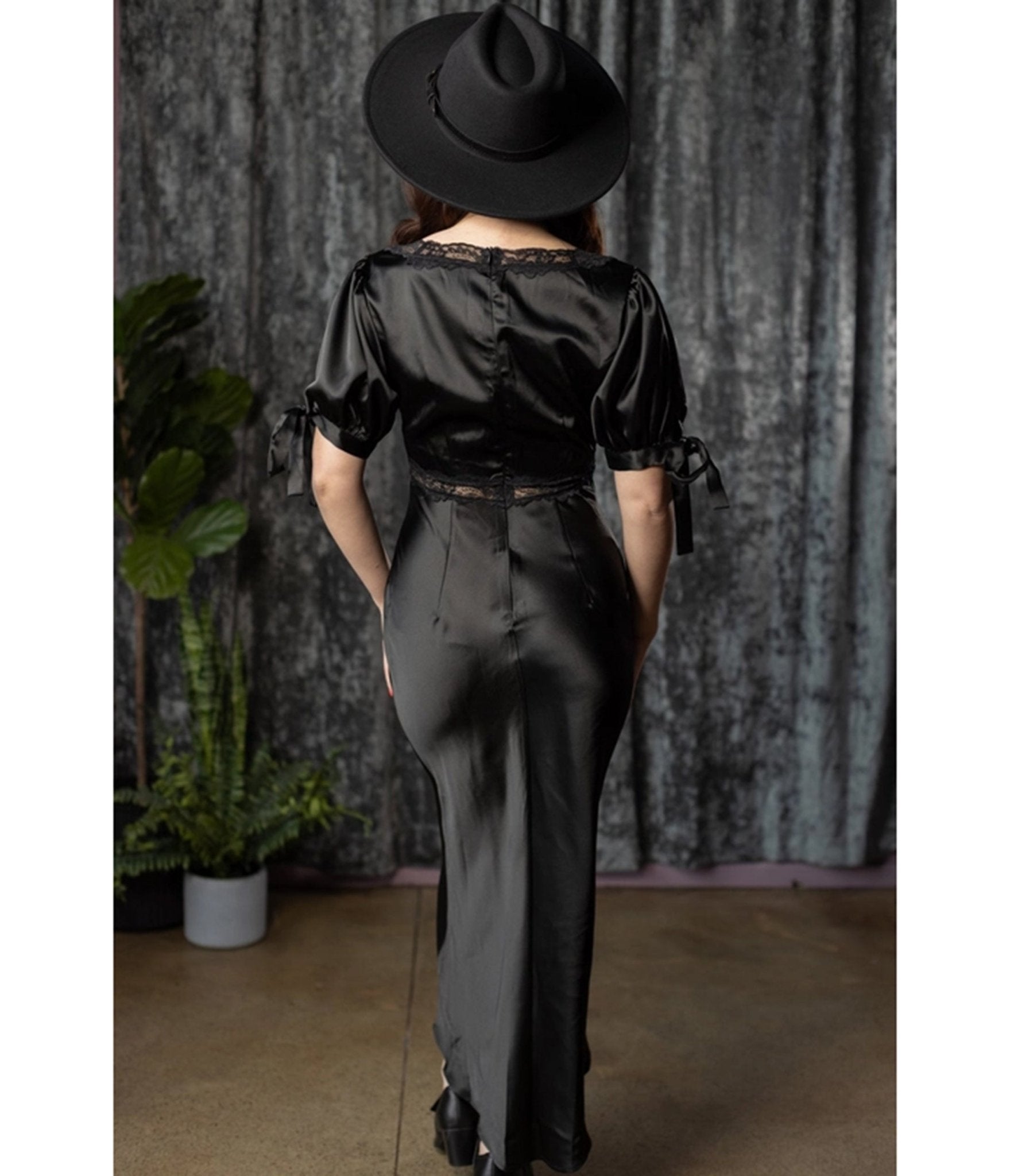 Witchwood Bags Black Satin Juliet Slip Maxi Dress - Unique Vintage - Womens, DRESSES, MAXI