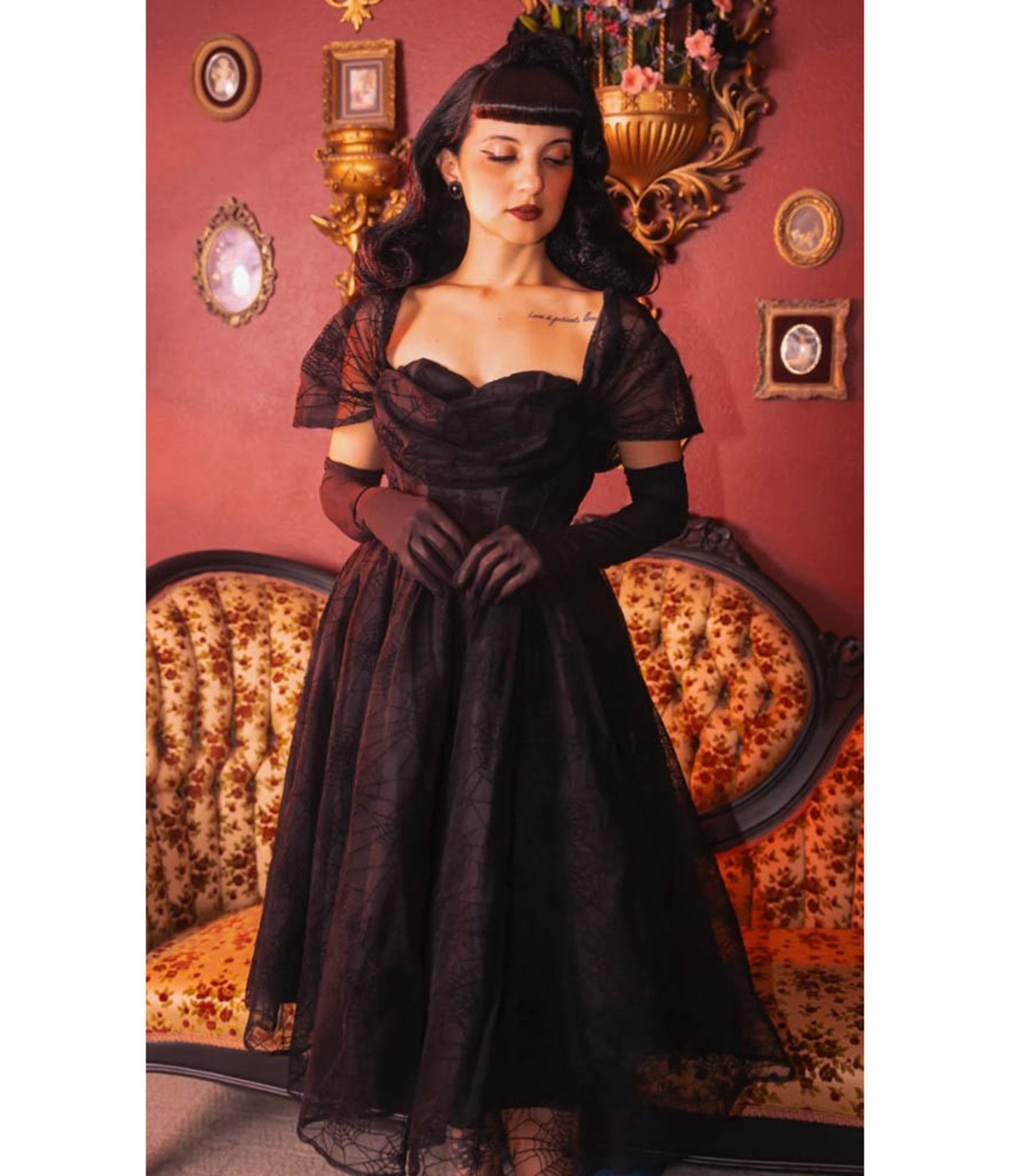 Witchwood Bags Black Spiderweb Flocked Mesh Midi Dress – Unique