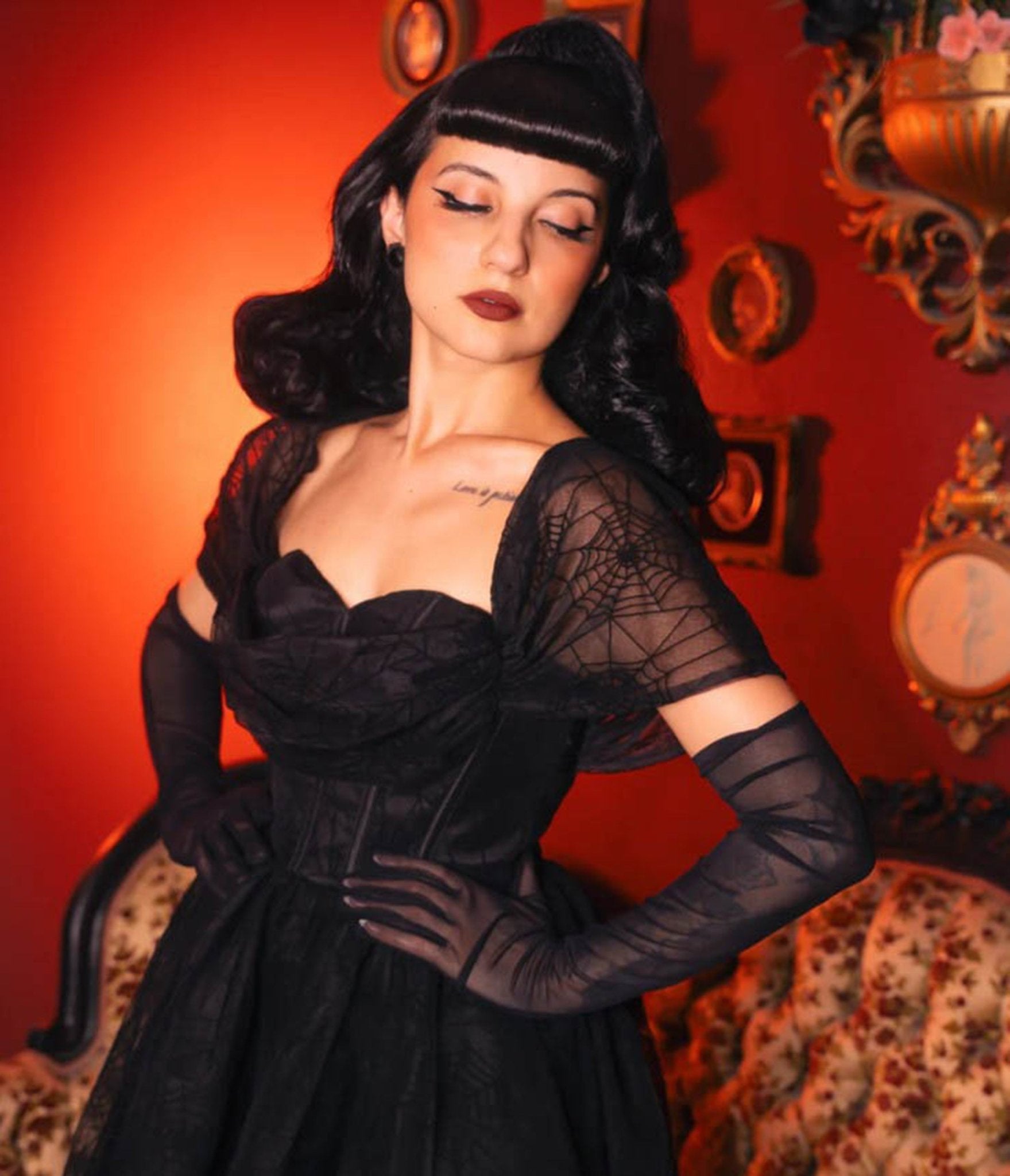 Witchwood Bags Black Spiderweb Flocked Mesh Midi Dress – Unique