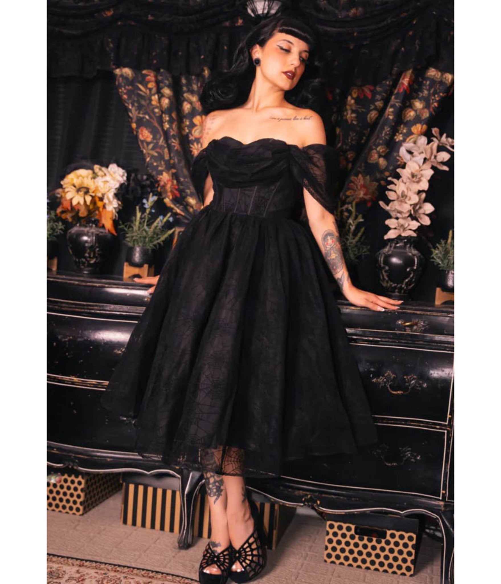 Witchwood Bags Black Spiderweb Flocked Mesh Midi Dress - Unique Vintage - Womens, DRESSES, MIDI