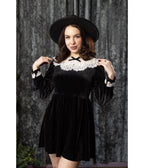 Witchwood Bags Black Velvet Lace Collar Elora Mini Dress - Unique Vintage - Womens, DRESSES, FIT AND FLARE