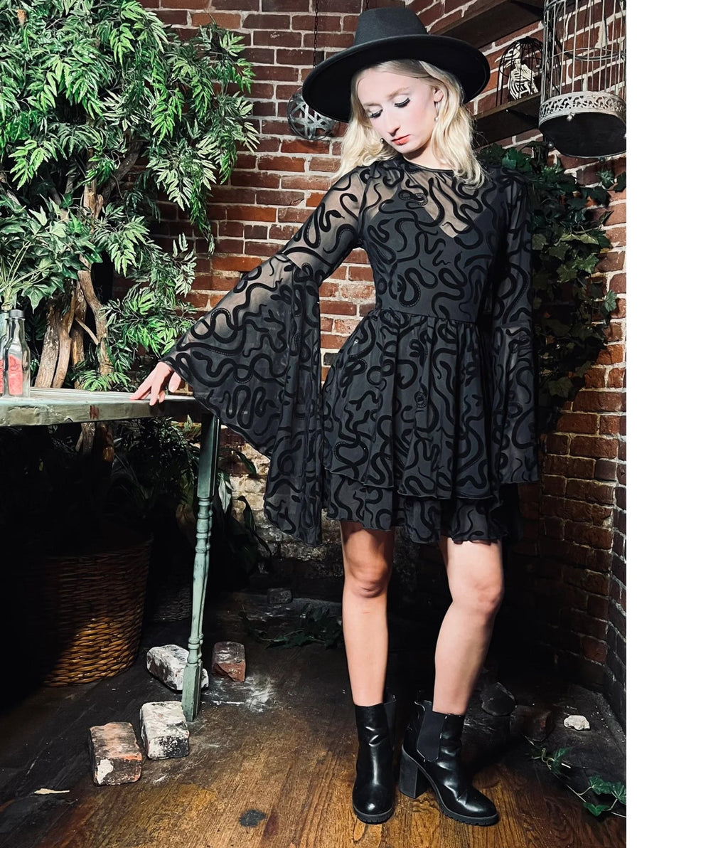 Witchwood Bags Black Velvet Snake Mini Dress - Unique Vintage - Womens, DRESSES, MIDI