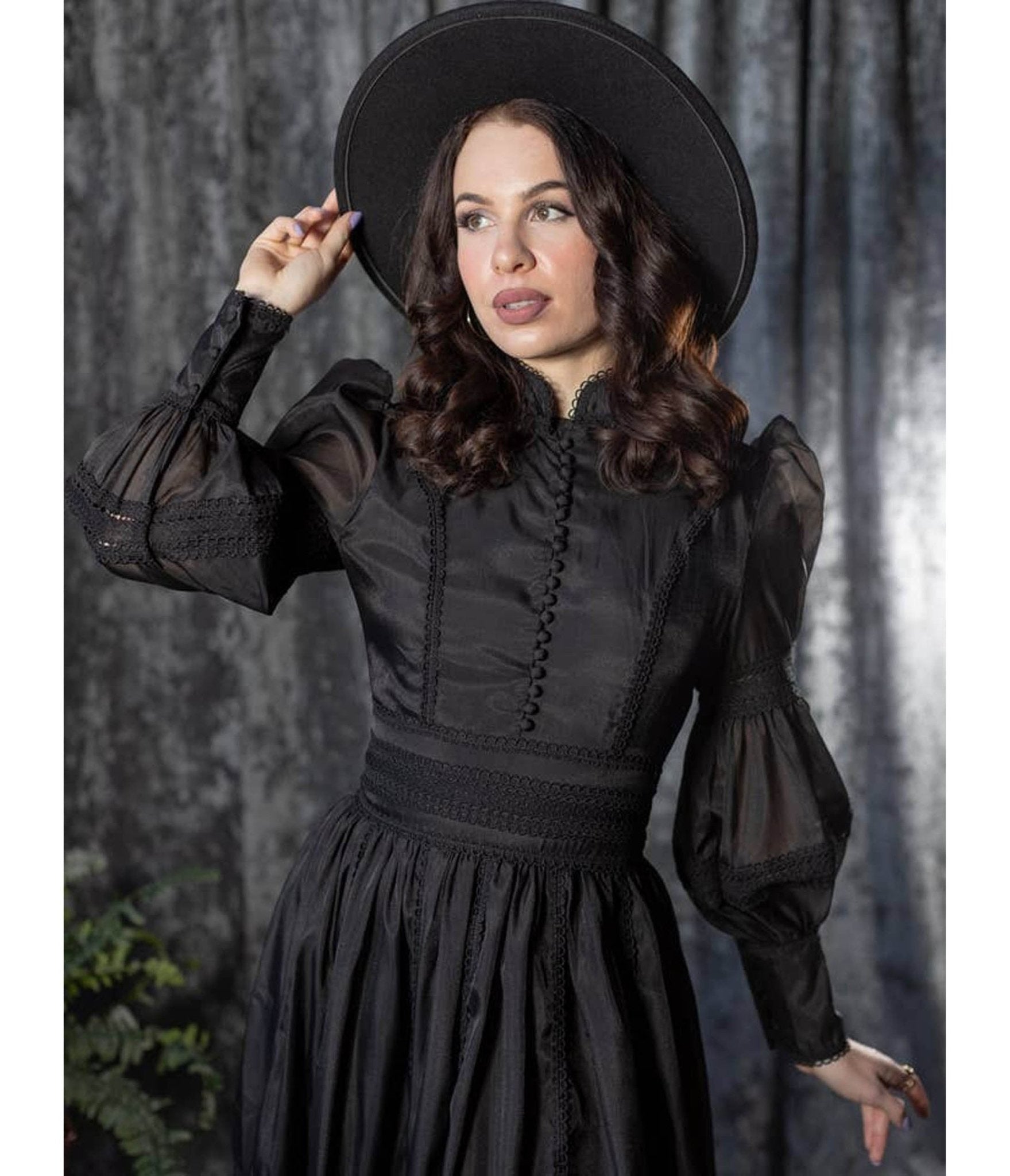 black dress maxi with sleeves Stellar | Embellished Lace High-Neck Long The AVERY Long Sleeve Maxi Dress features an asymmetrical drop shoulder neckline Witchwood Bags Black Victorian Morgana