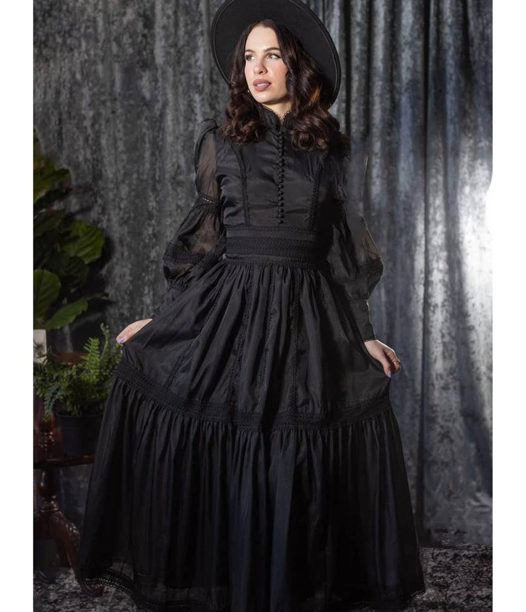 Witchwood Bags Black Victorian Morgana Maxi Dress - Unique Vintage - Womens, DRESSES, MAXI