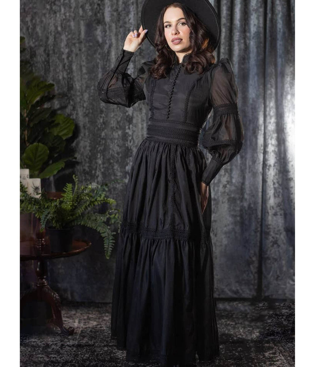 Witchwood Bags Black Victorian Morgana Maxi Dress - Unique Vintage - Womens, DRESSES, MAXI