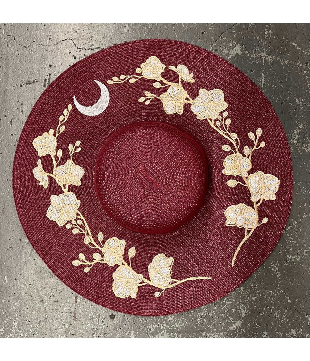 Witchwood Bags Burgundy Floral Embroidered Sun Hat - Unique Vintage - Womens, ACCESSORIES, HATS