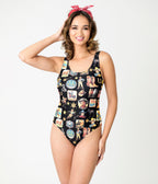 Yeehaw Vintage Cowboy Collage Black One Piece Swimsuit - Unique Vintage - Womens, SWIM, 1 PC
