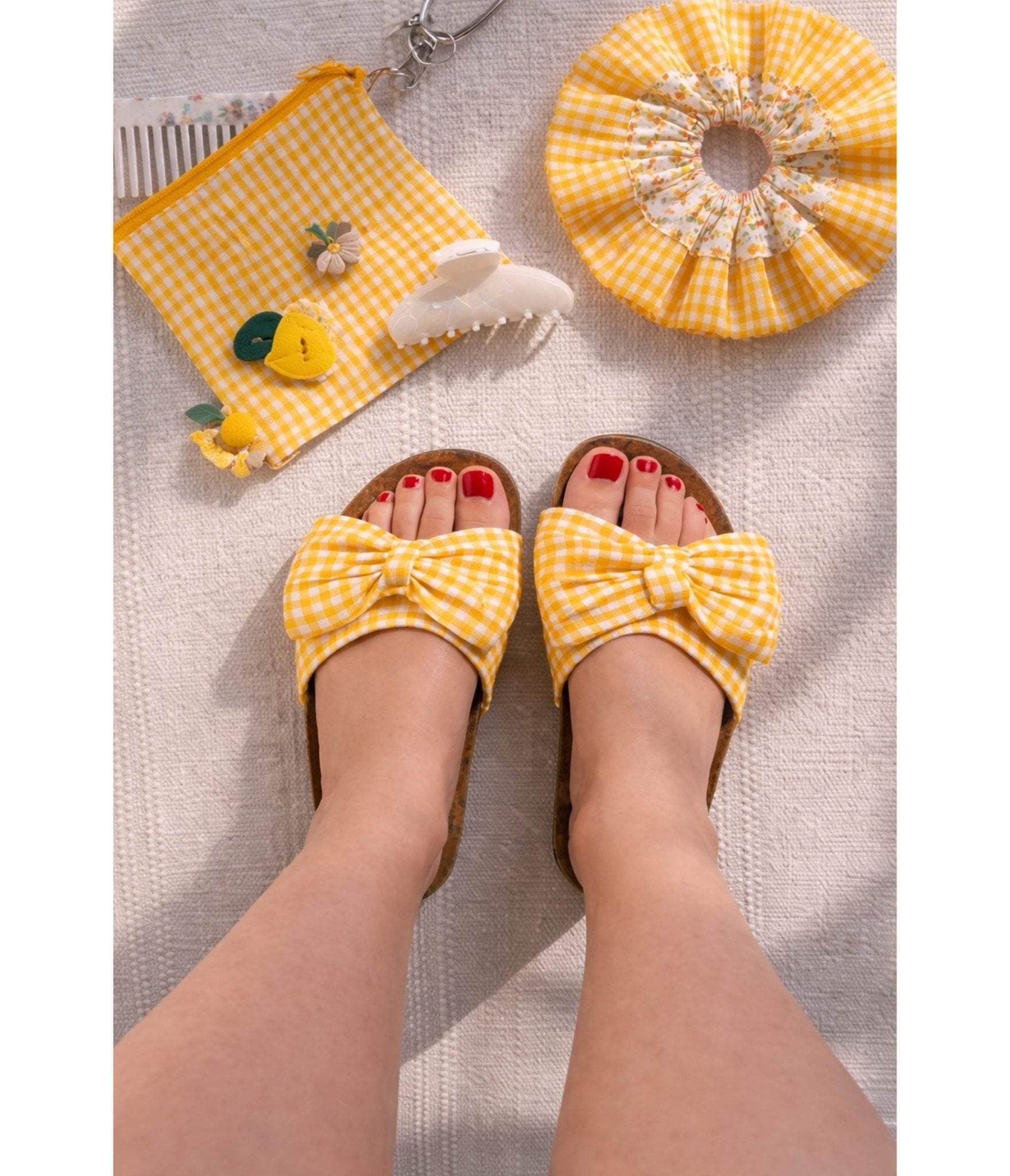 Yellow Gingham Bow Sandals - Unique Vintage - Womens, SHOES, SANDALS