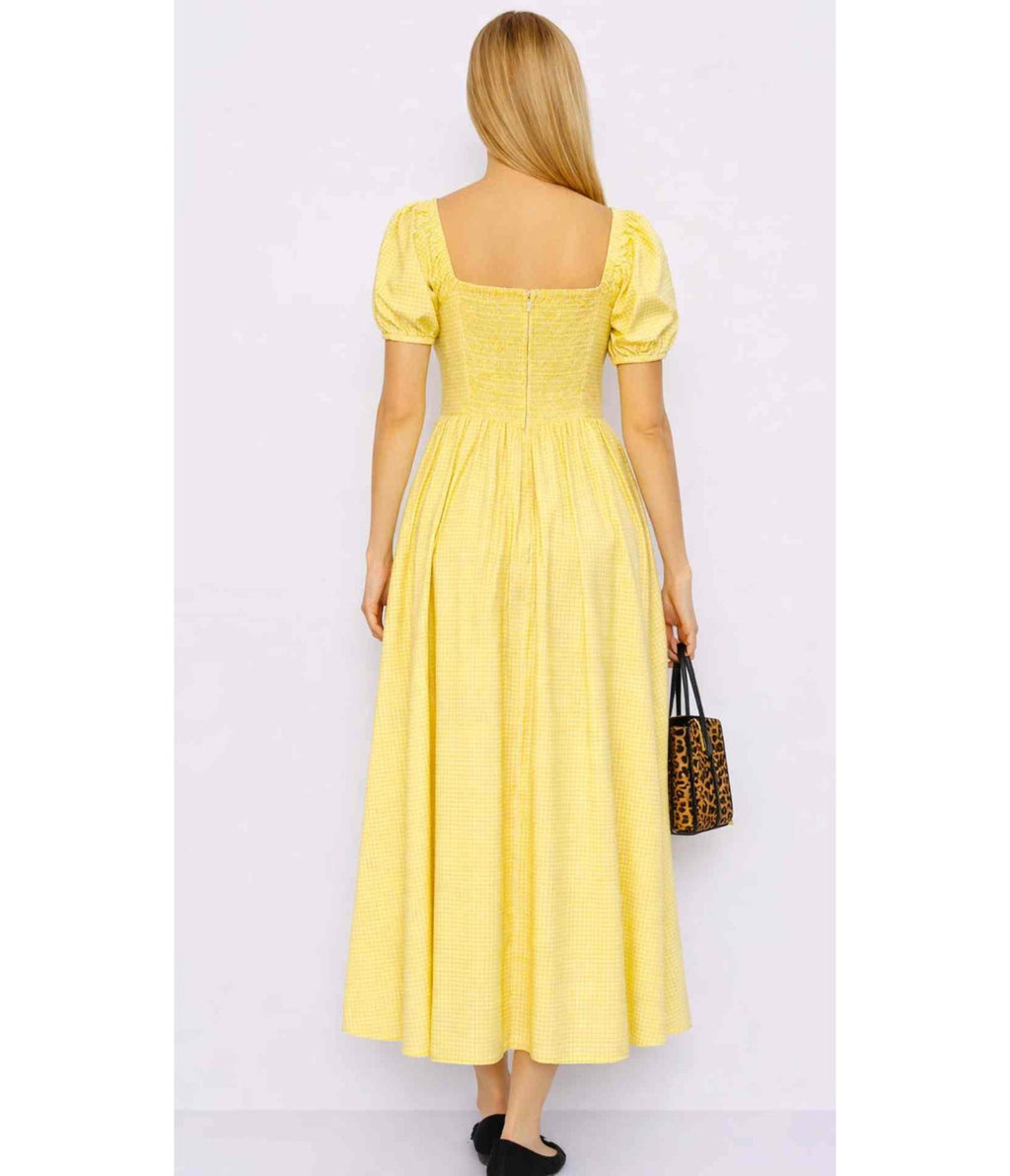 Yellow Gingham Puff Sleeve Midi Dress - Unique Vintage - Womens, DRESSES, SWING