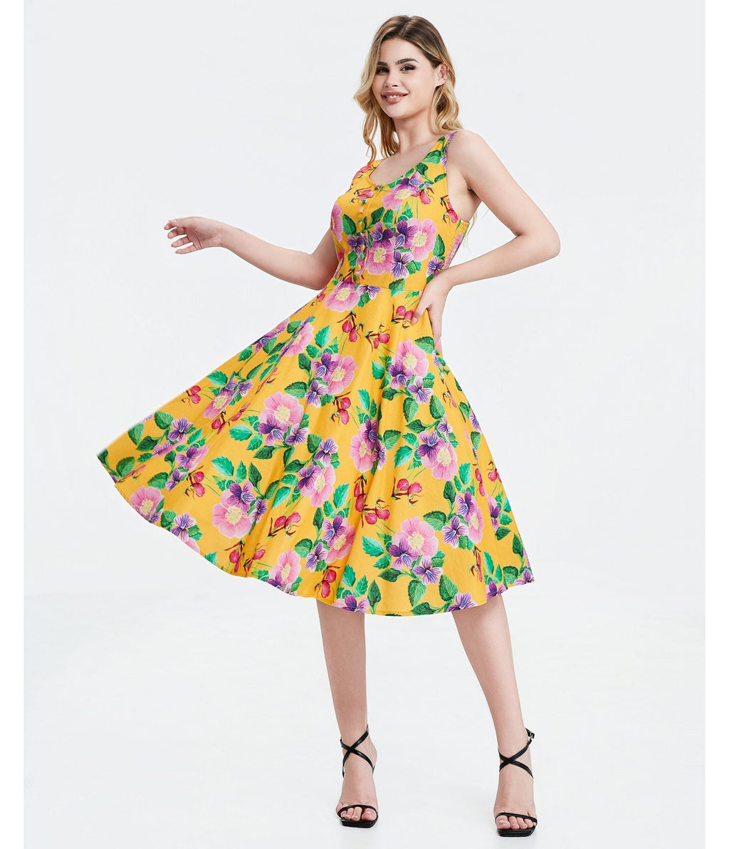 Yellow Hibiscus Floral Print Heidi Dress - Unique Vintage - Womens, DRESSES, SWING