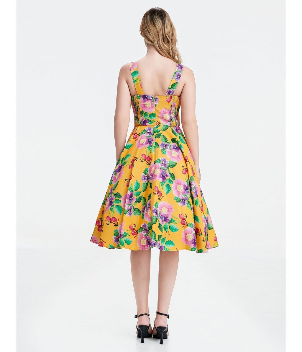 Yellow Hibiscus Floral Print Heidi Dress - Unique Vintage - Womens, DRESSES, SWING