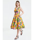Yellow Hibiscus Floral Print Heidi Dress - Unique Vintage - Womens, DRESSES, SWING