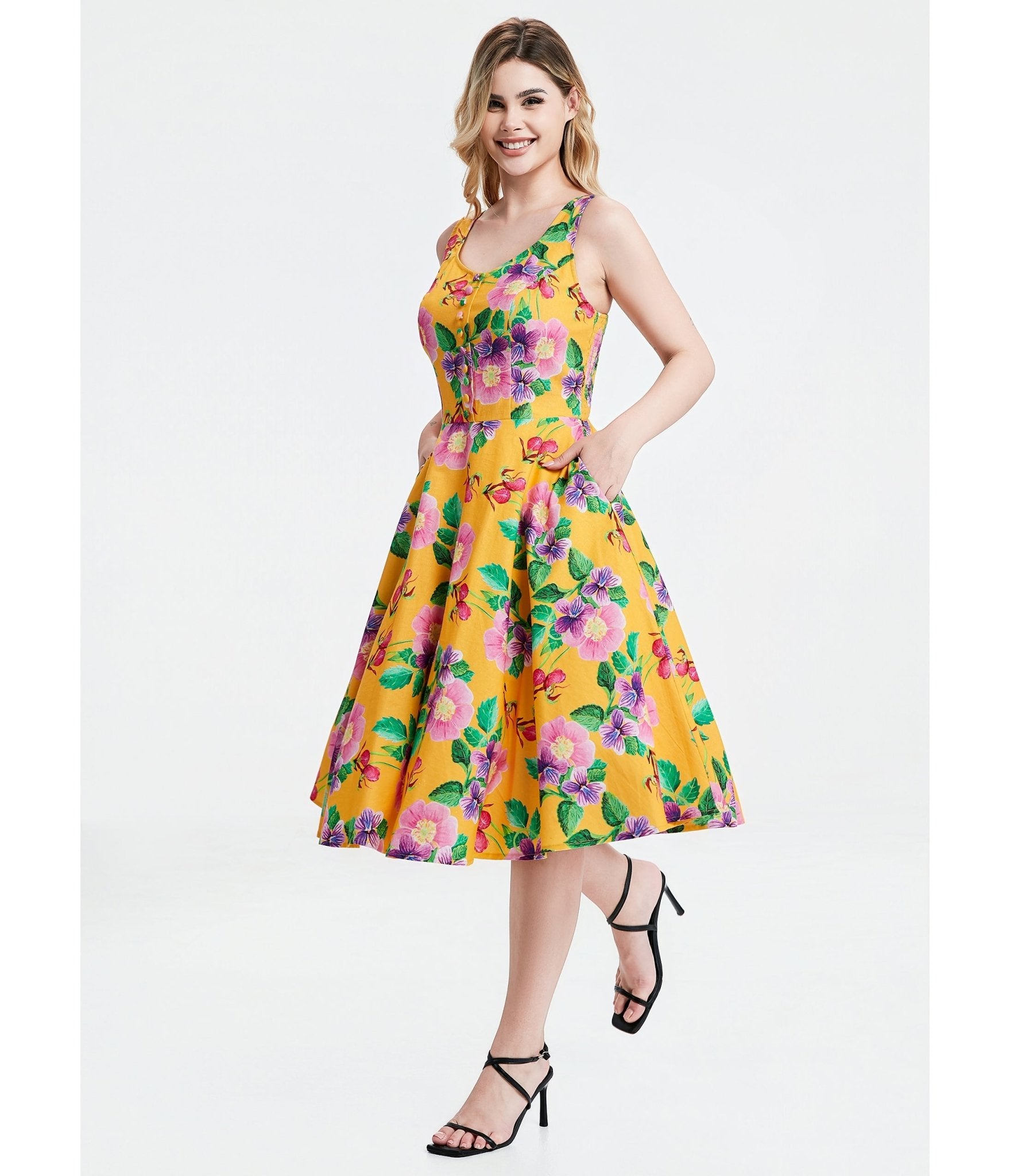 Yellow Hibiscus Floral Print Heidi Dress - Unique Vintage - Womens, DRESSES, SWING
