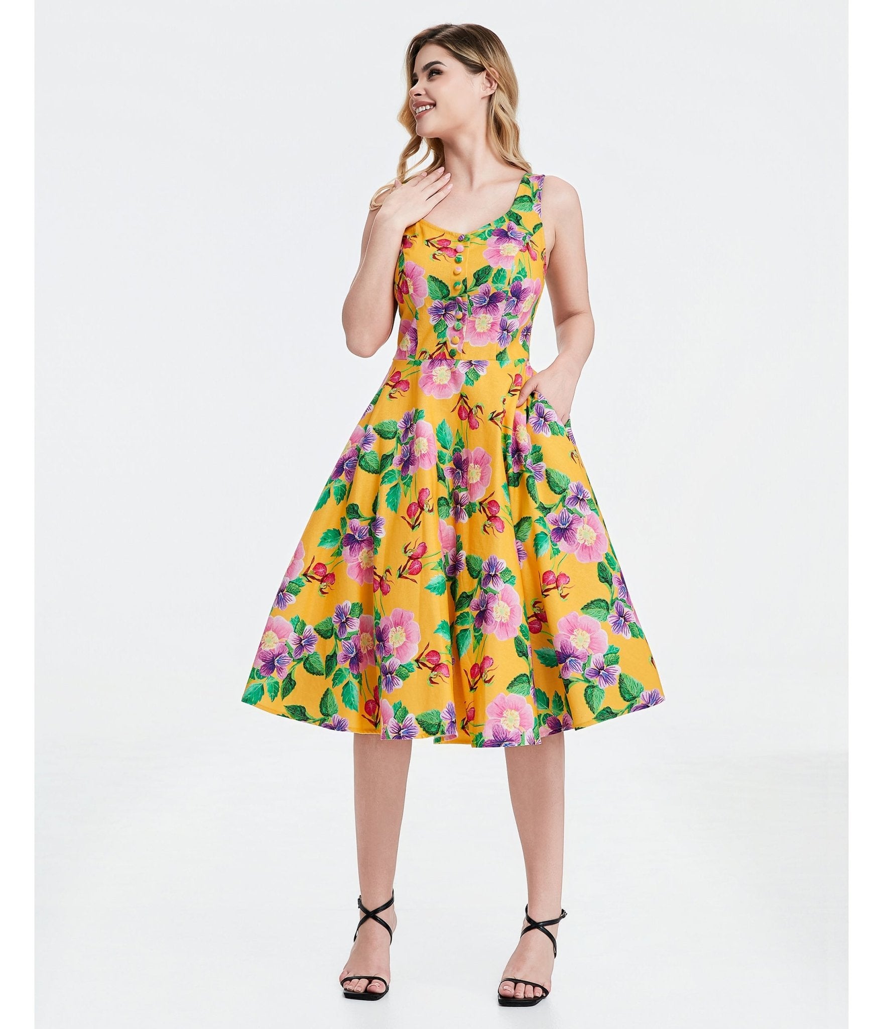 Yellow Hibiscus Floral Print Heidi Dress - Unique Vintage - Womens, DRESSES, SWING