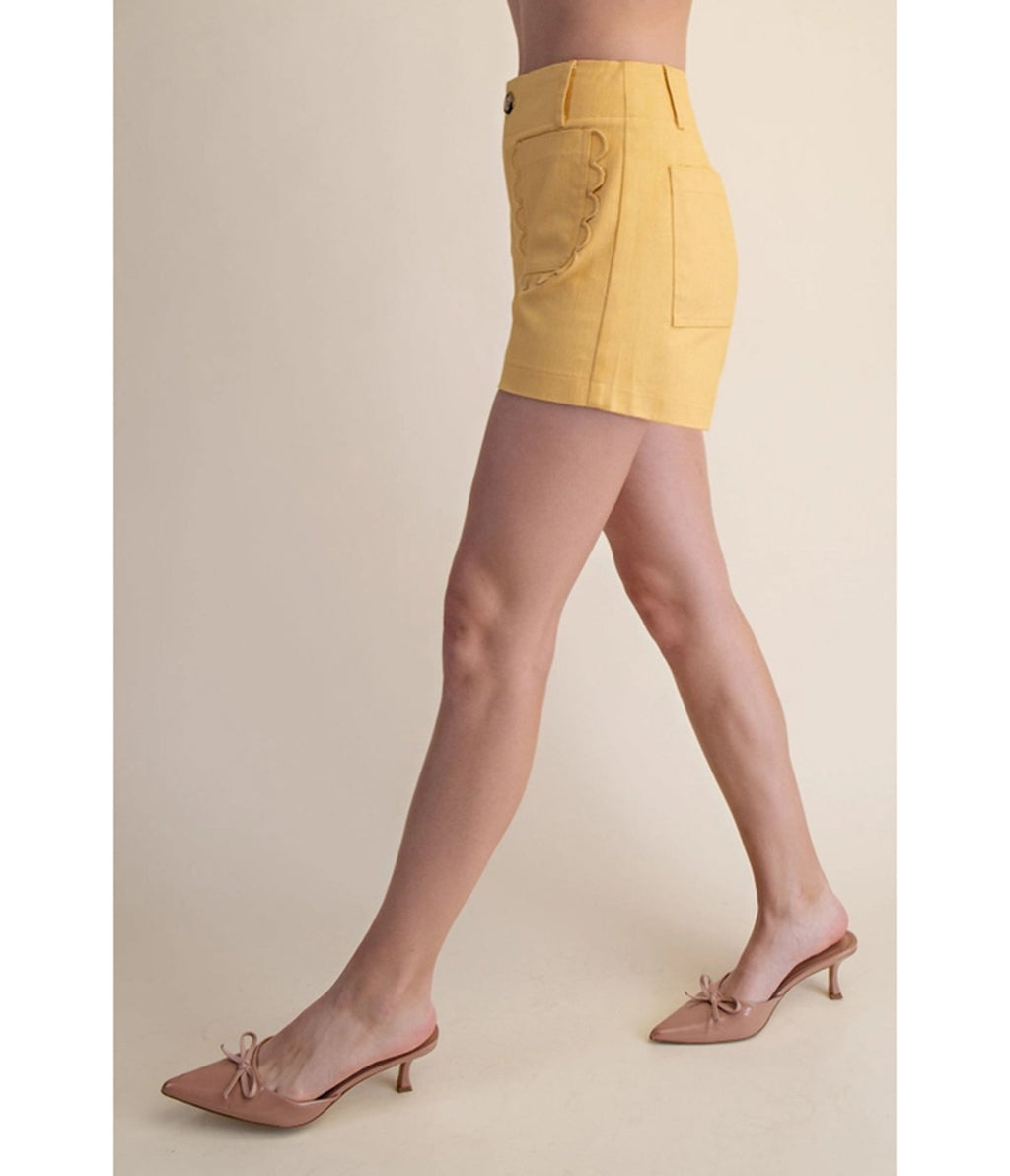 Yellow Scallop Pocket Shorts - Unique Vintage - Womens, BOTTOMS, SHORTS