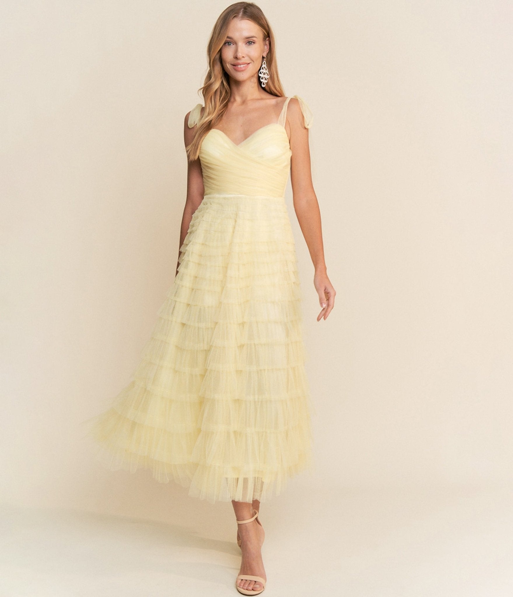 Yellow Tulle Tiered Midi Dress - Unique Vintage - Womens, DRESSES, PROM AND SPECIAL OCCASION