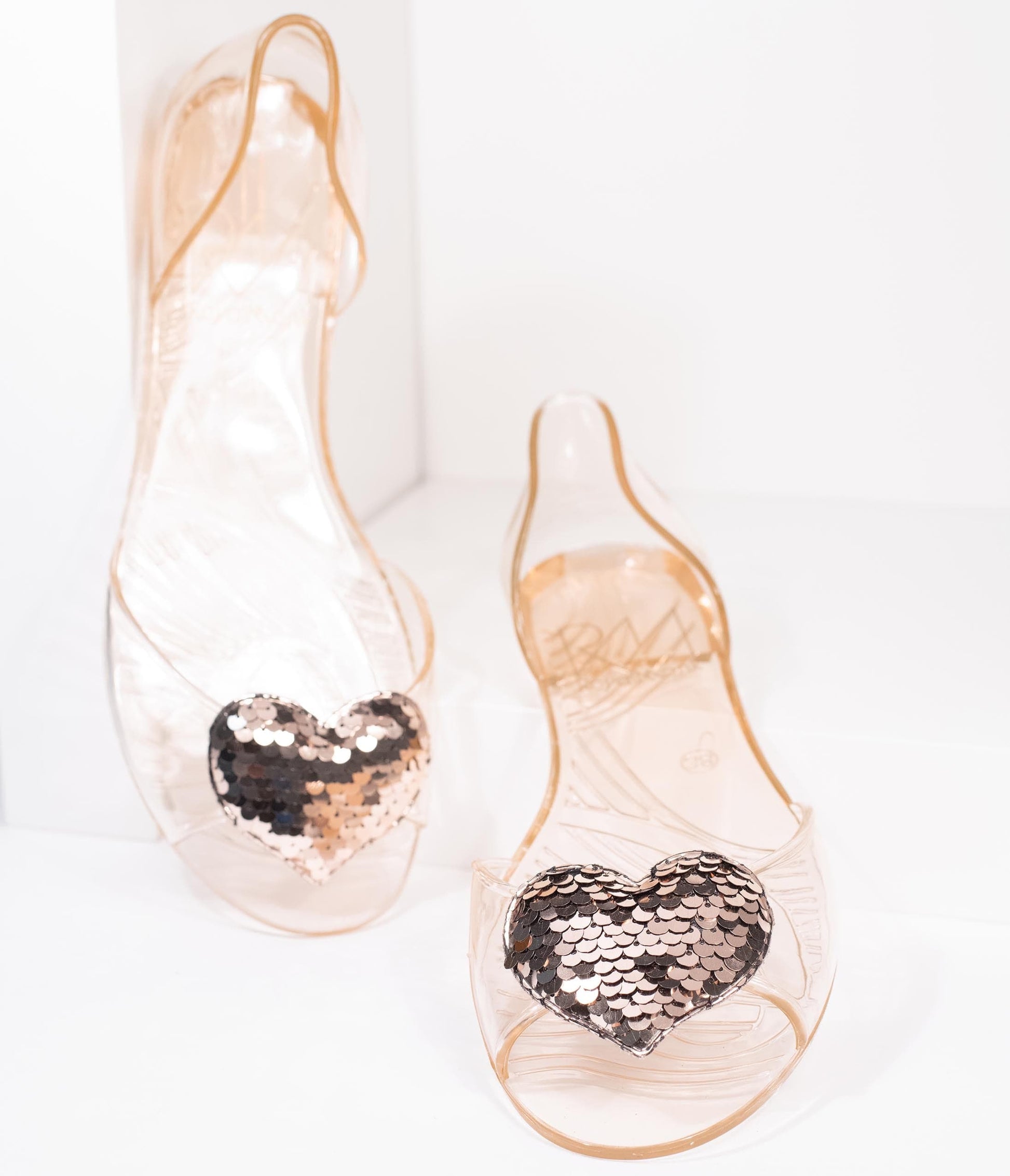 Blush Jelly & Gold Sequin Heart Peep Toe Flats