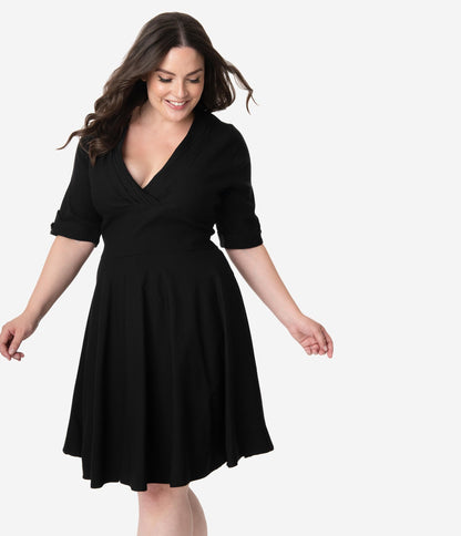 Unique Vintage Plus Size 1950s Black Delores Fit & Flare Dress