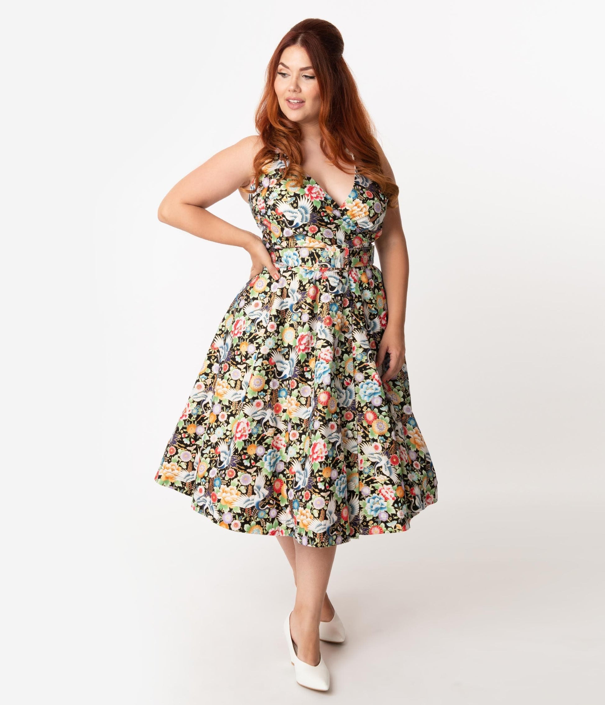 Unique Vintage Plus Size Black & Multicolor Print Halter Tarrytown Hostess Dress
