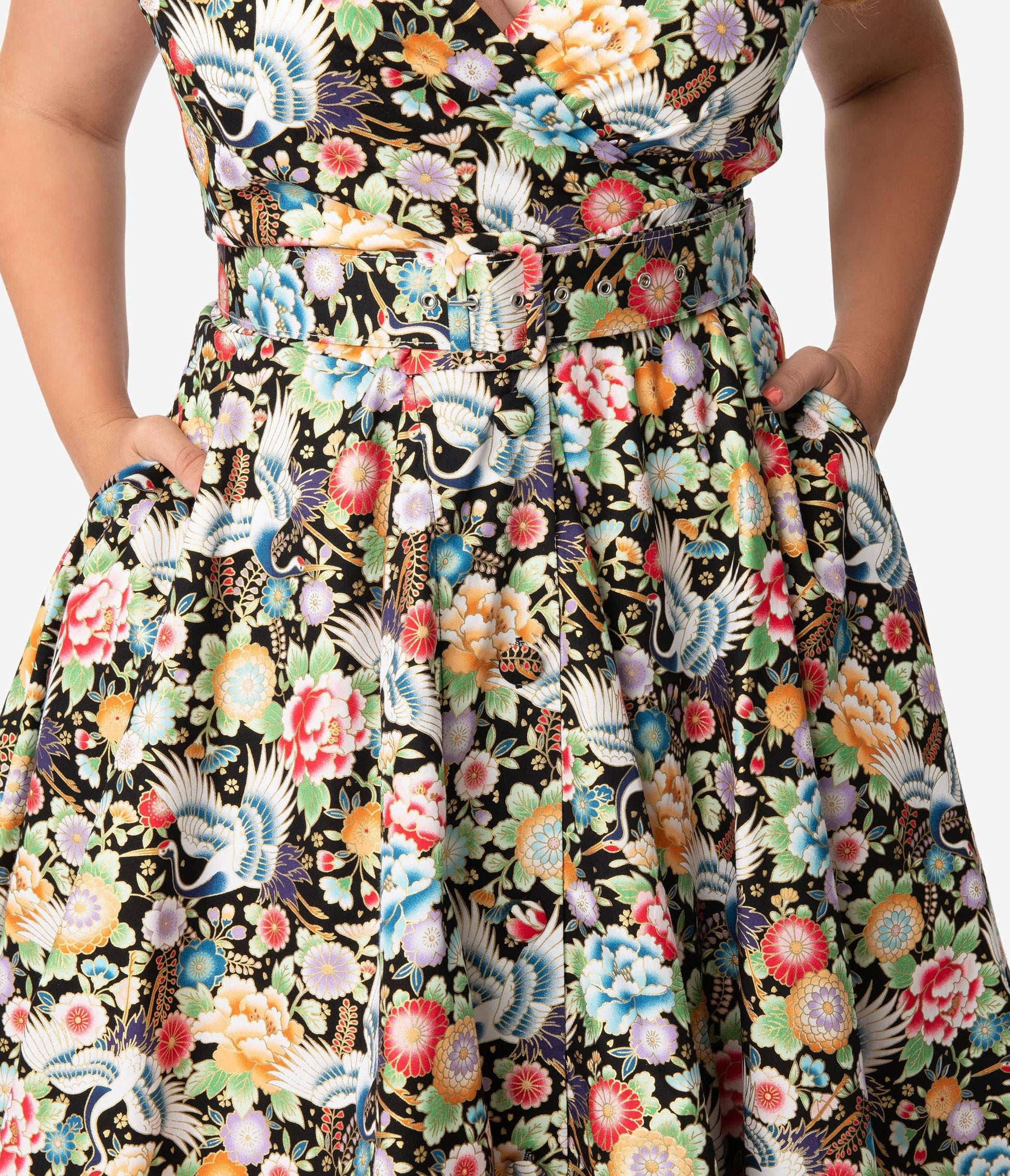 Unique Vintage Plus Size Black & Multicolor Print Halter Tarrytown Hostess Dress