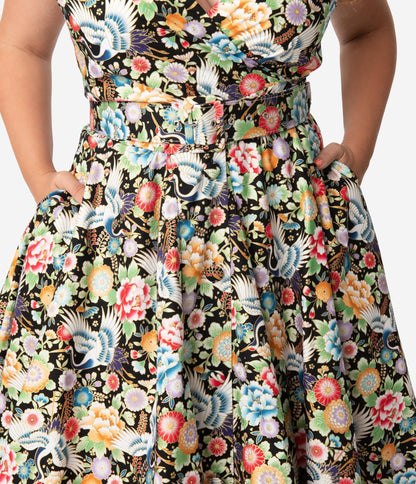 Unique Vintage Plus Size Black & Multicolor Print Halter Tarrytown Hostess Dress