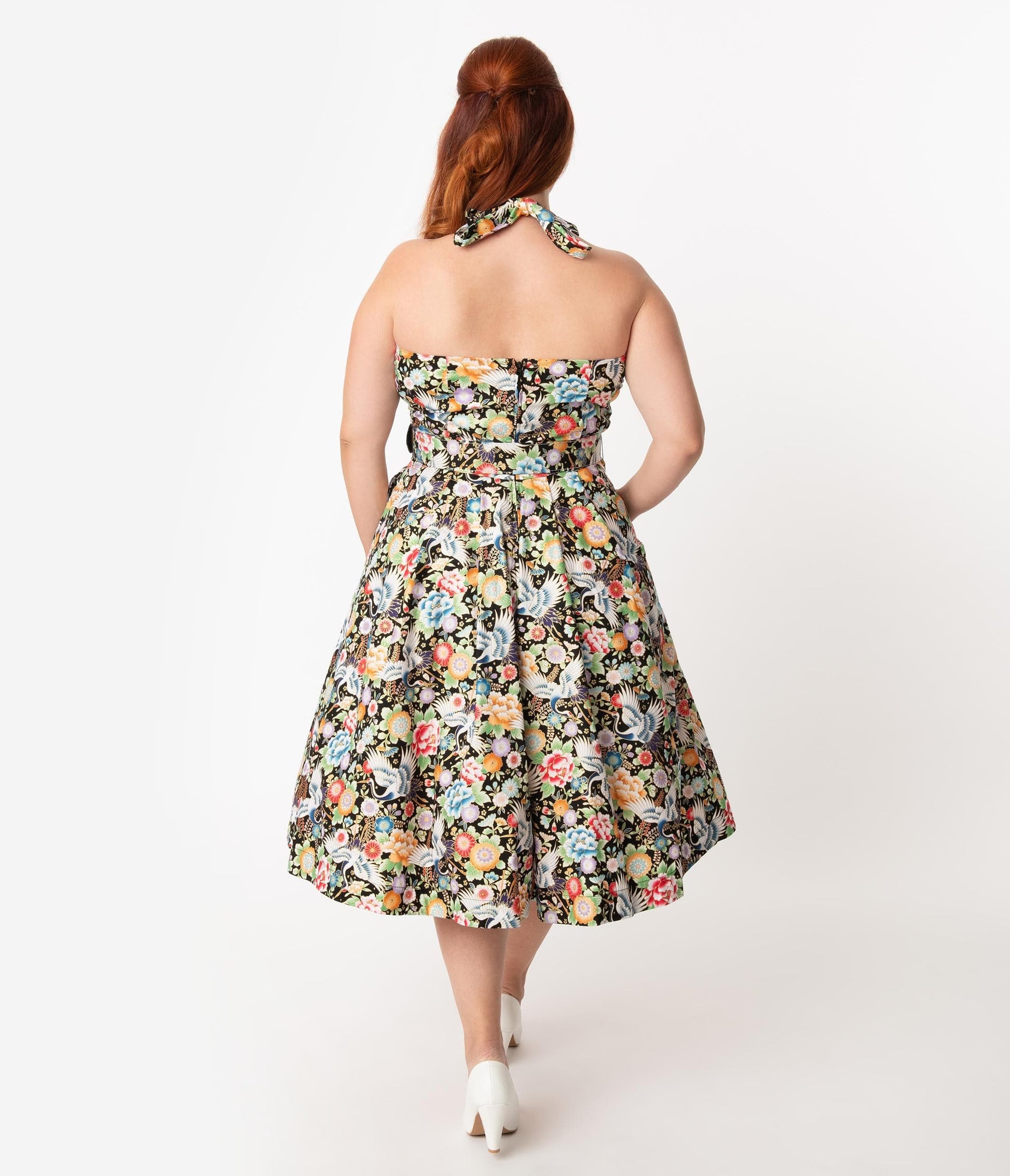 Unique Vintage Plus Size Black & Multicolor Print Halter Tarrytown Hostess Dress