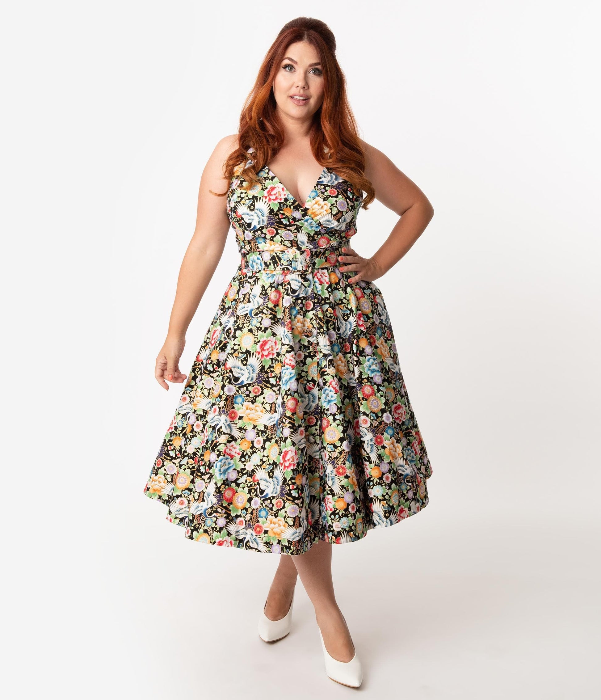 Unique Vintage Plus Size Black & Multicolor Print Halter Tarrytown Hostess Dress