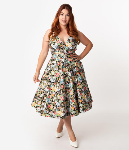 Unique Vintage Plus Size Black & Multicolor Print Halter Tarrytown Hostess Dress
