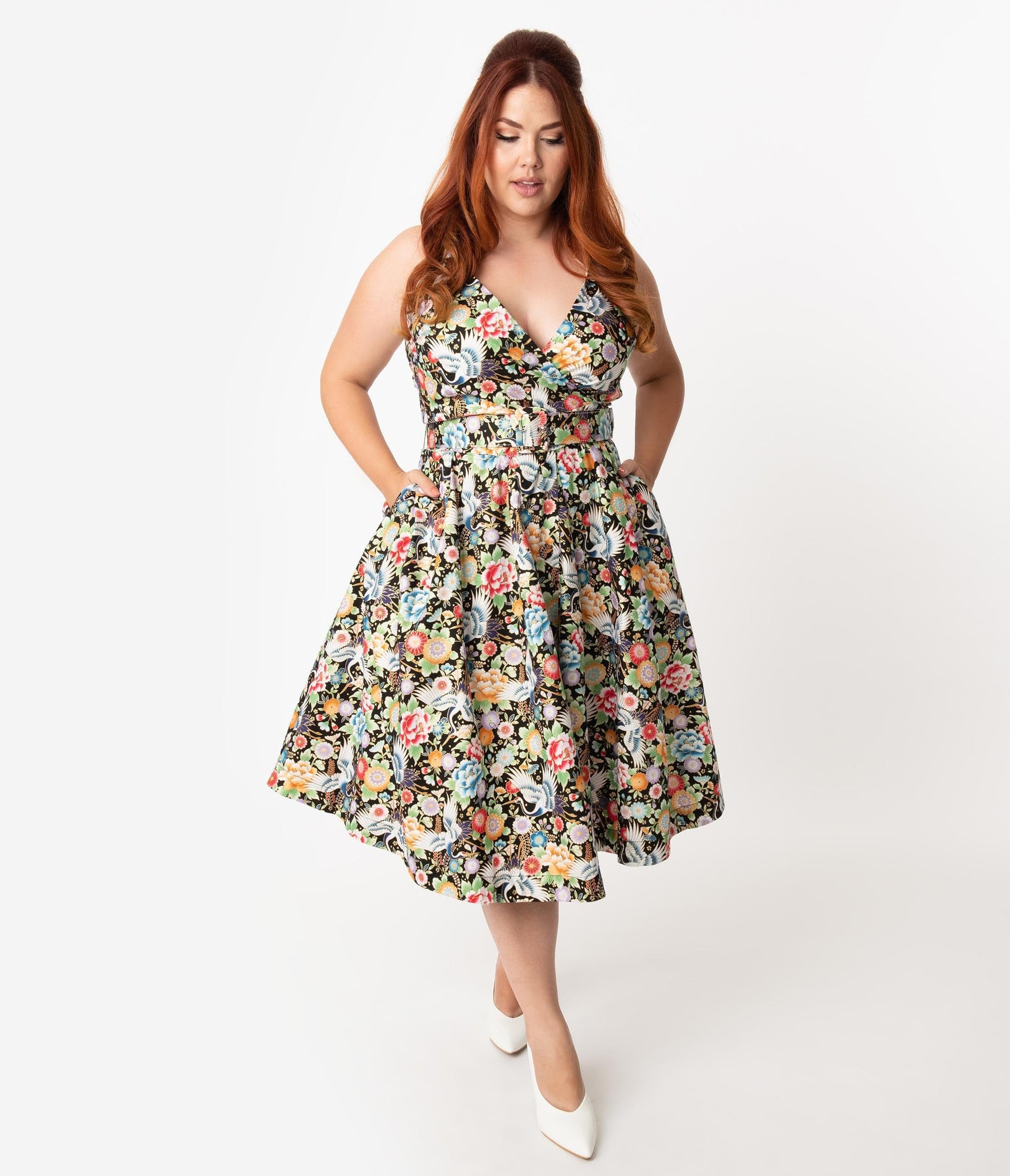Unique Vintage Plus Size Black & Multicolor Print Halter Tarrytown Hostess Dress