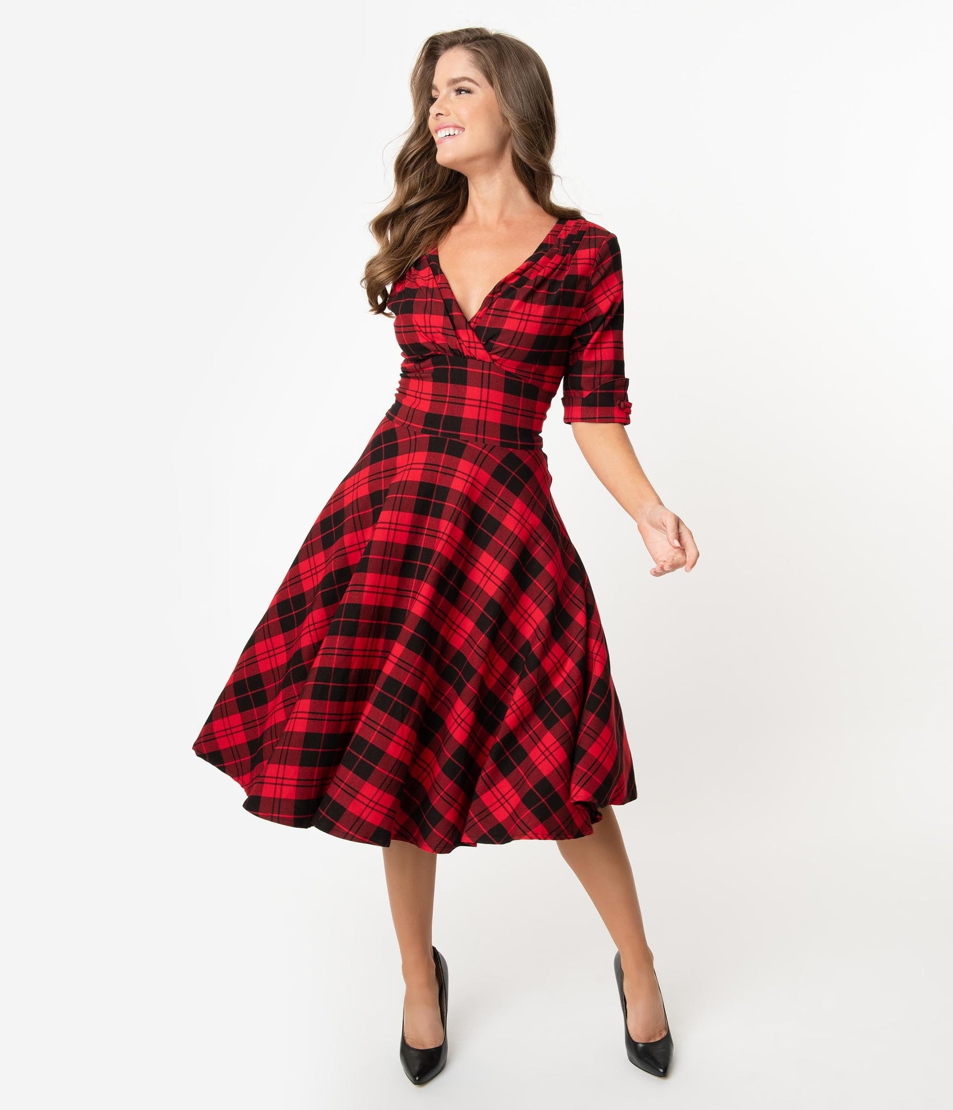 Unique Vintage 1950s Red & Black Plaid Delores Swing Dress with Sleeves