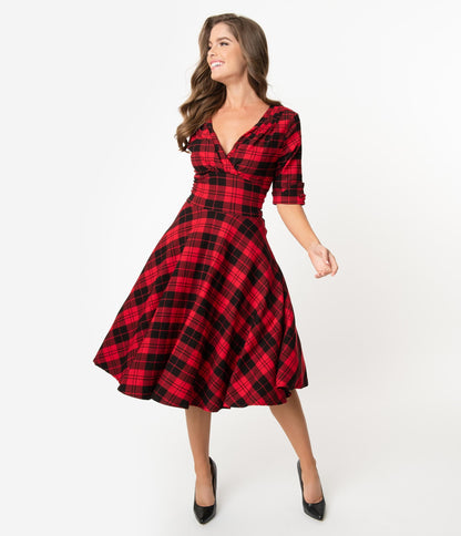 Unique Vintage 1950s Red & Black Plaid Delores Swing Dress with Sleeves