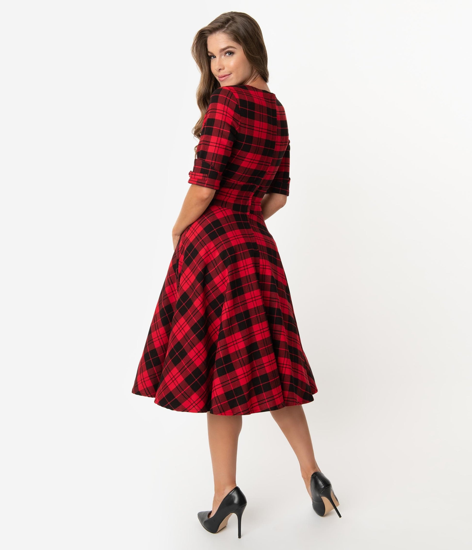 Unique Vintage 1950s Red & Black Plaid Delores Swing Dress with Sleeves