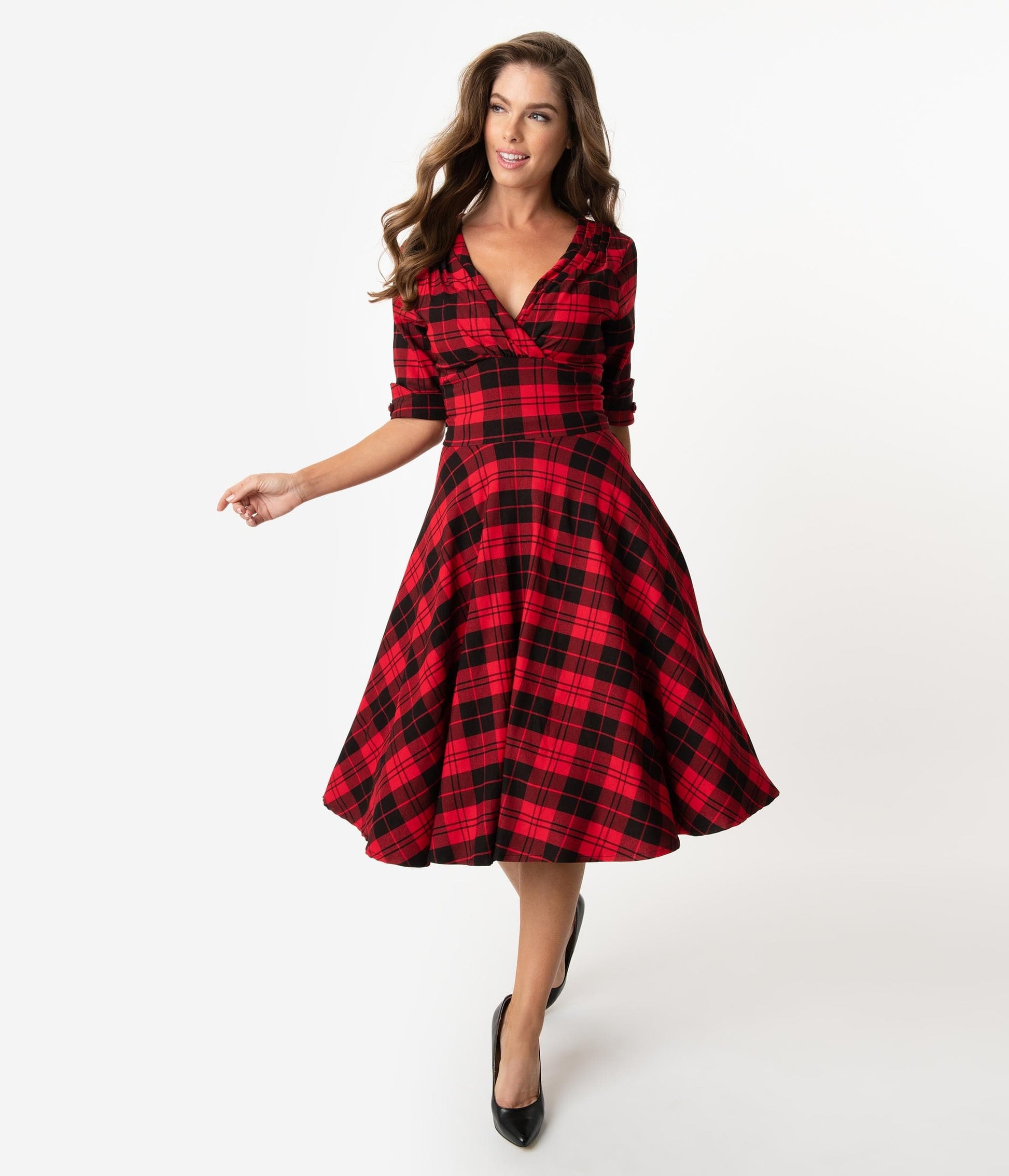 Unique Vintage 1950s Red & Black Plaid Delores Swing Dress with Sleeves