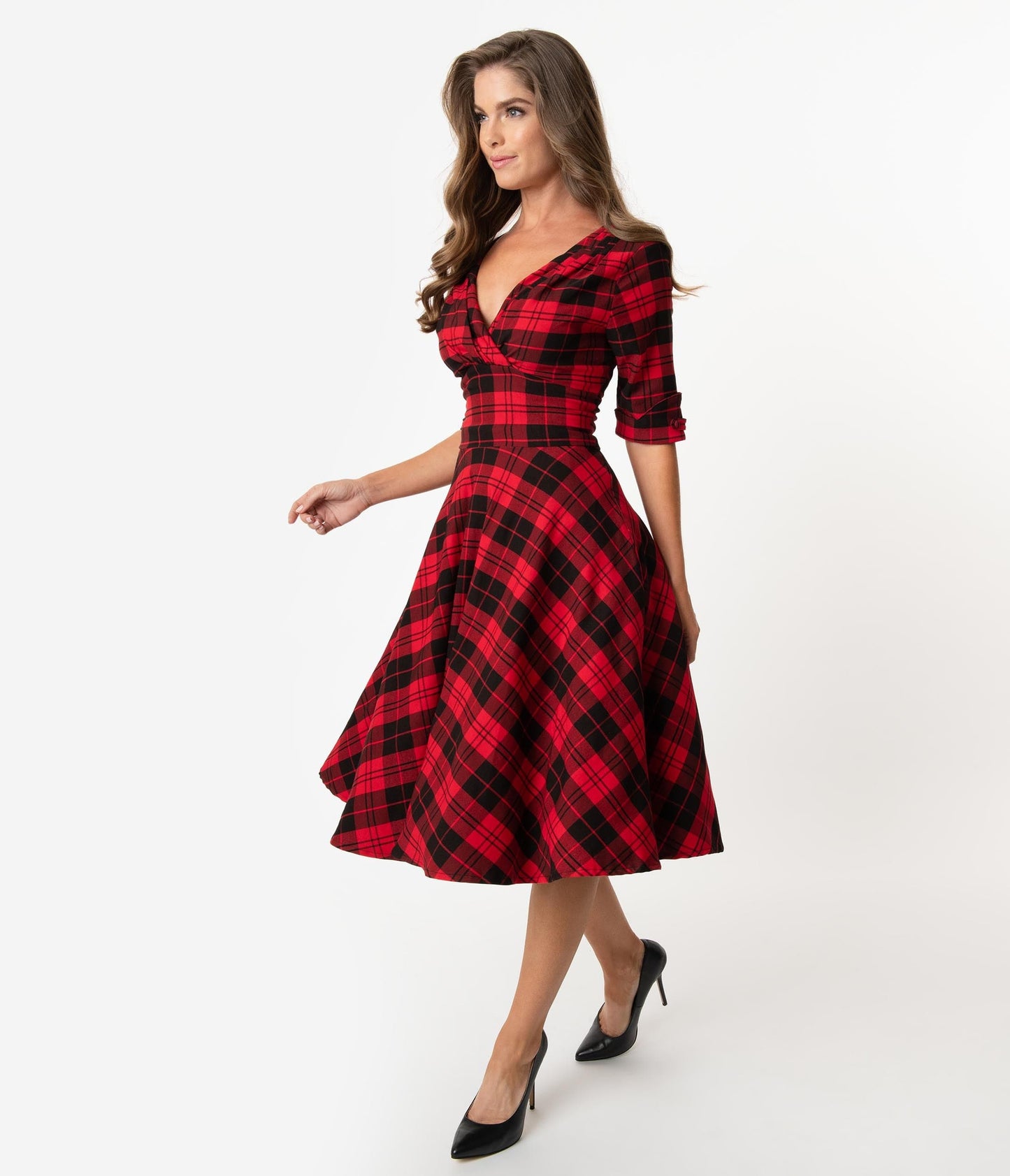 Unique Vintage 1950s Red & Black Plaid Delores Swing Dress with Sleeves