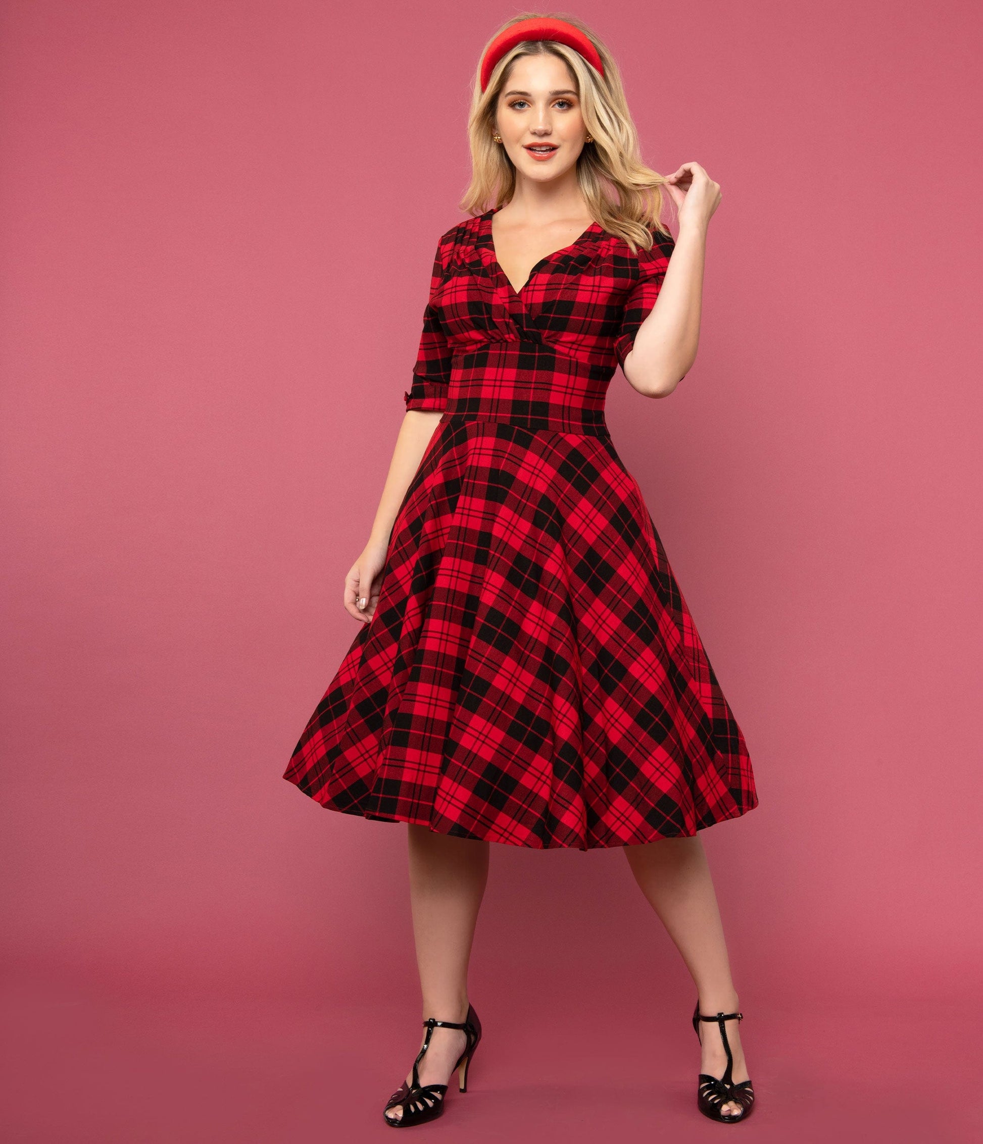 Unique Vintage 1950s Red & Black Plaid Delores Swing Dress with Sleeves