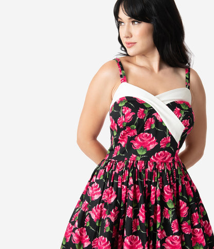 Unique Vintage Black & Pink Floral Print Darienne Swing Dress
