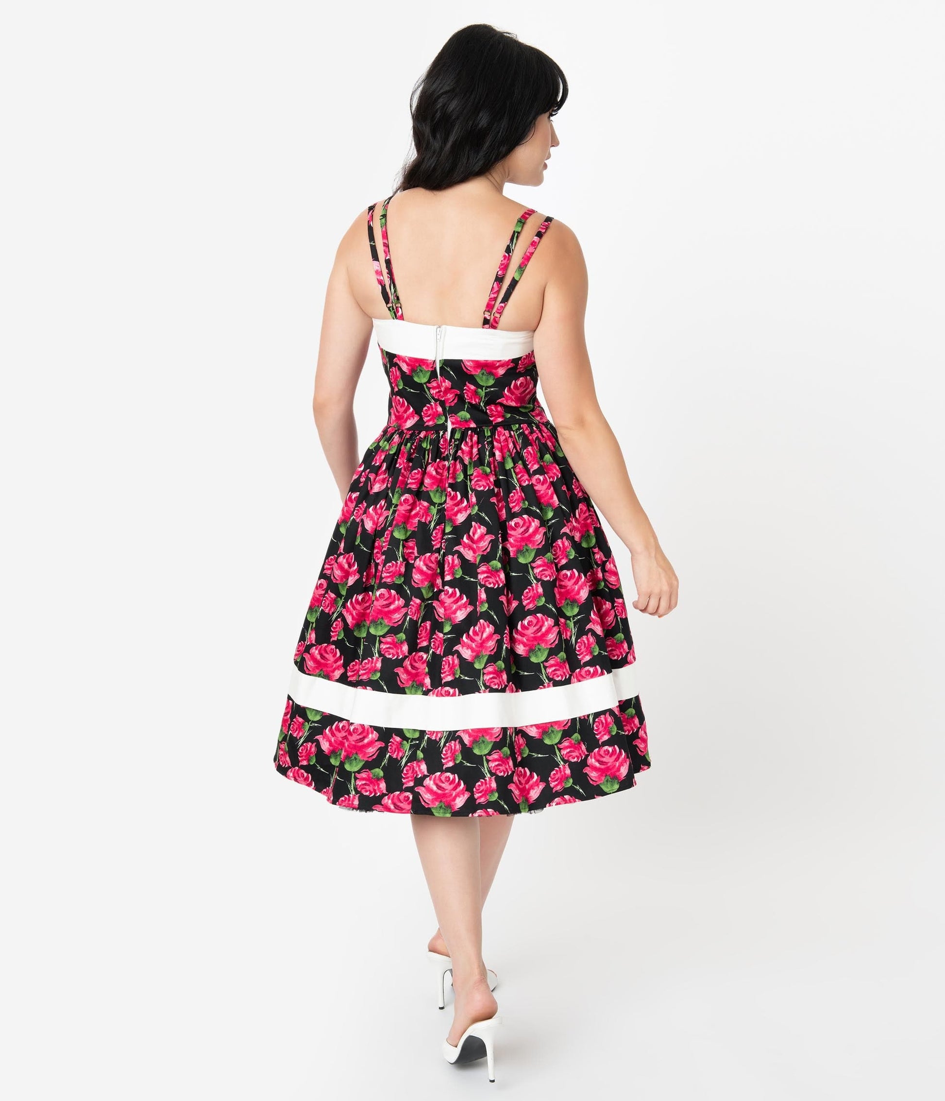Unique Vintage Black & Pink Floral Print Darienne Swing Dress