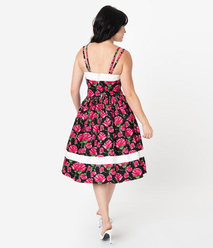 Unique Vintage Black & Pink Floral Print Darienne Swing Dress