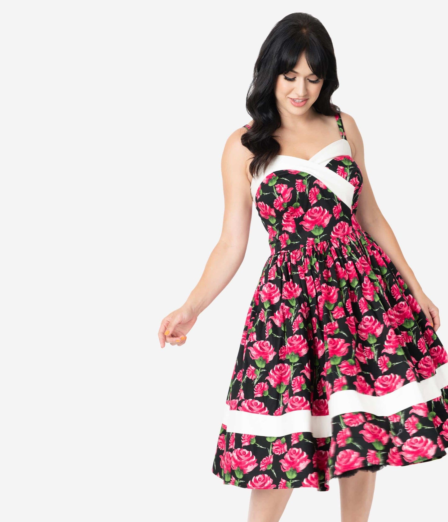 Unique Vintage Black & Pink Floral Print Darienne Swing Dress