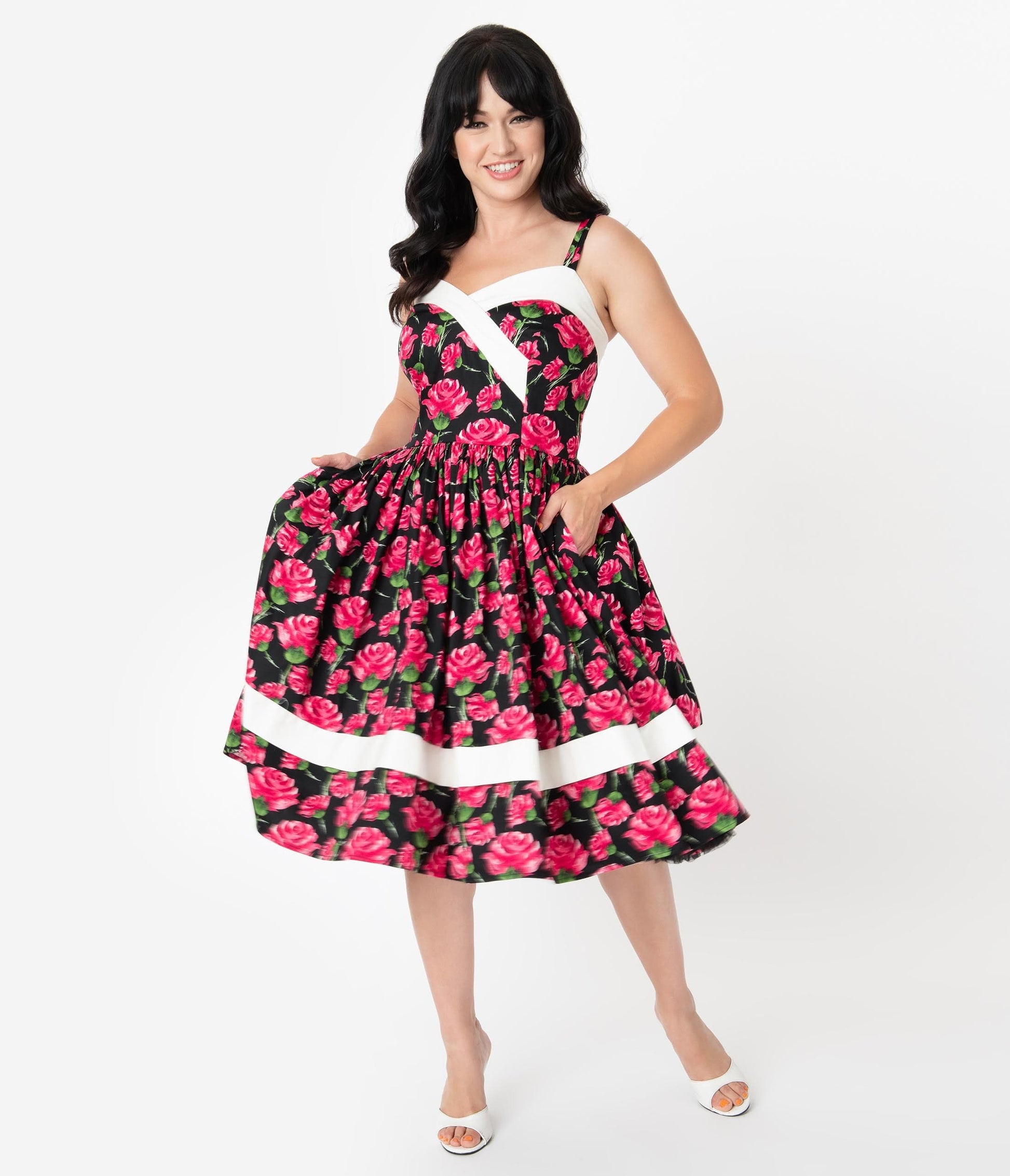 Unique Vintage Black & Pink Floral Print Darienne Swing Dress