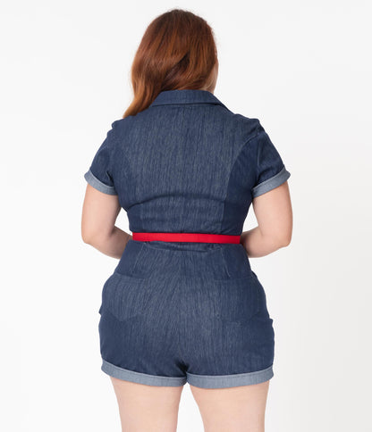 Unique Vintage Plus Size Faded Blue Denim Patsy Romper
