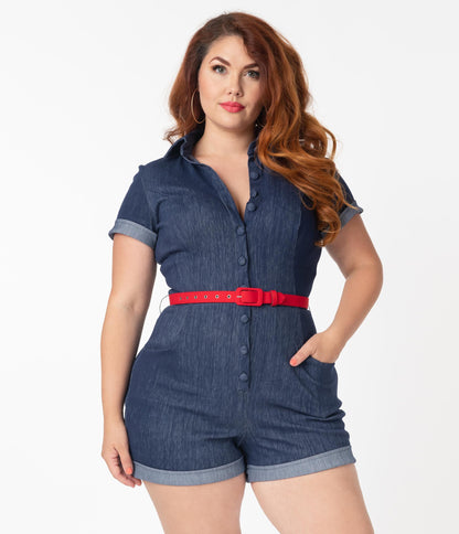 Unique Vintage Plus Size Faded Blue Denim Patsy Romper