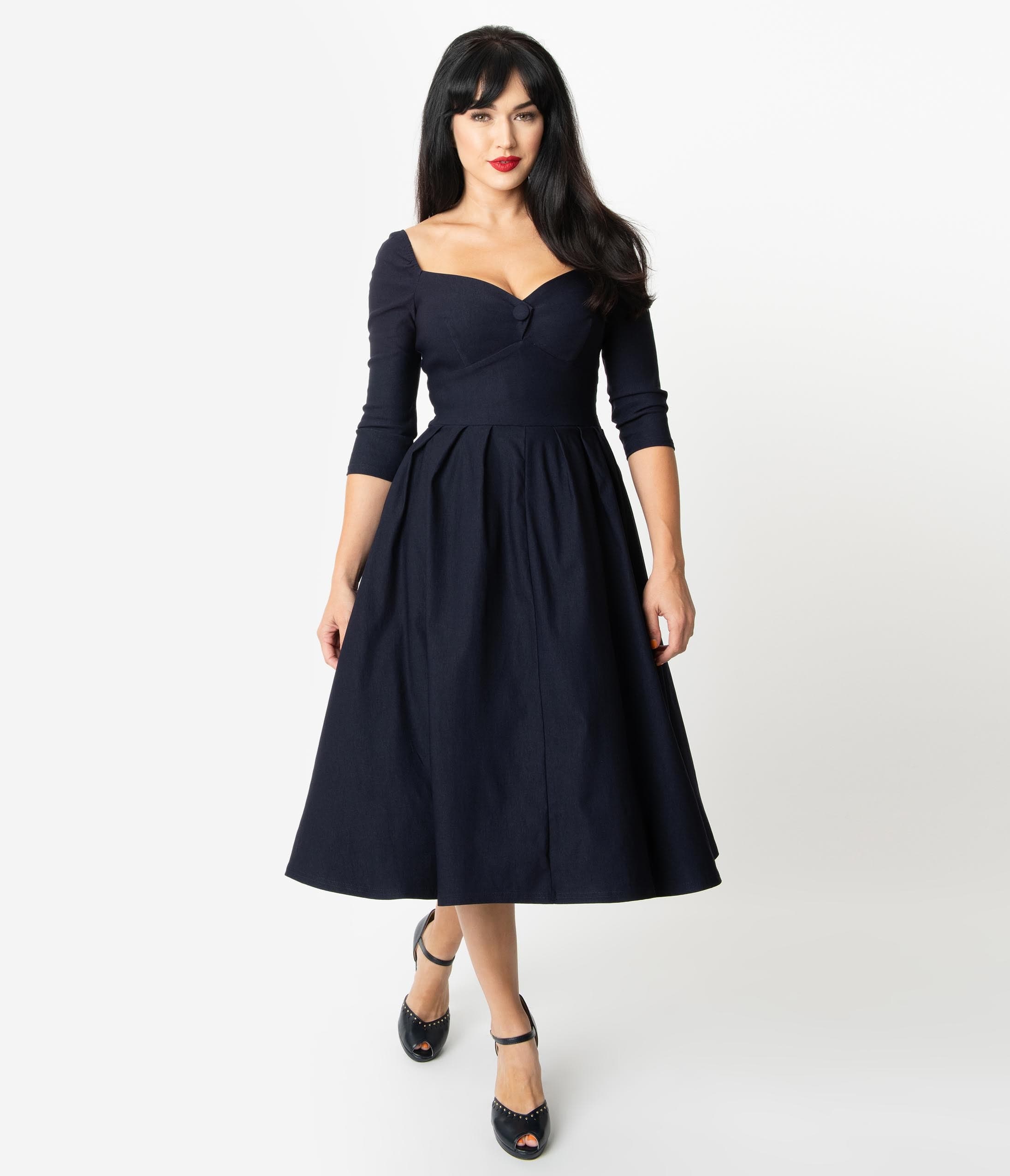Unique Vintage 1950s Style Navy Sweetheart Lamar Swing Dress